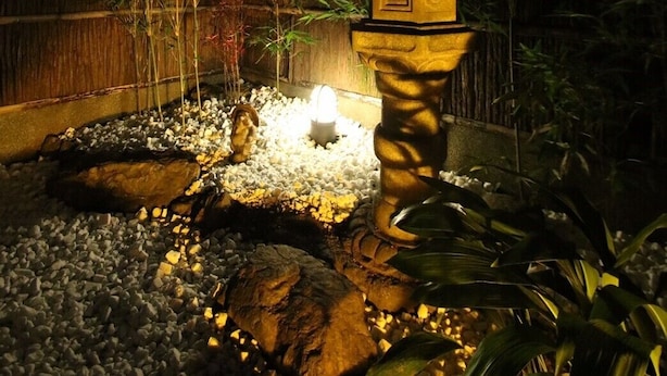 A traditional Japanese lantern in a garden at night.