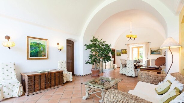 A spacious living area with a high arched ceiling, a large potted plant, and a glass coffee table. - Villa Ciuffo with private pool (Massa Lubrense)