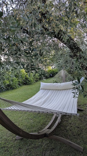 Un hamac suspendu sous un arbre, dans un jardin.