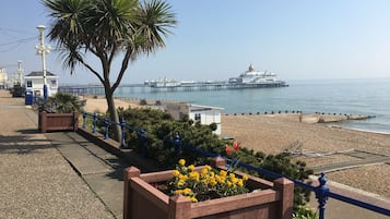 On the beach, sun loungers