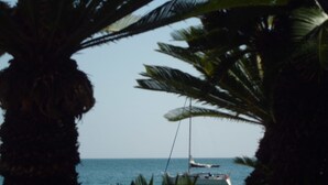 Un bateau sur l’eau, avec des palmiers au premier plan.