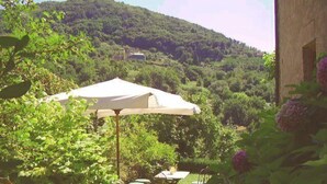 Un área de estar al aire libre con una mesa y sillas bajo una marquesina, rodeada de vegetación exuberante y una montaña al fondo.