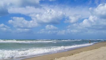 Vlak bij het strand, ligstoelen aan het strand