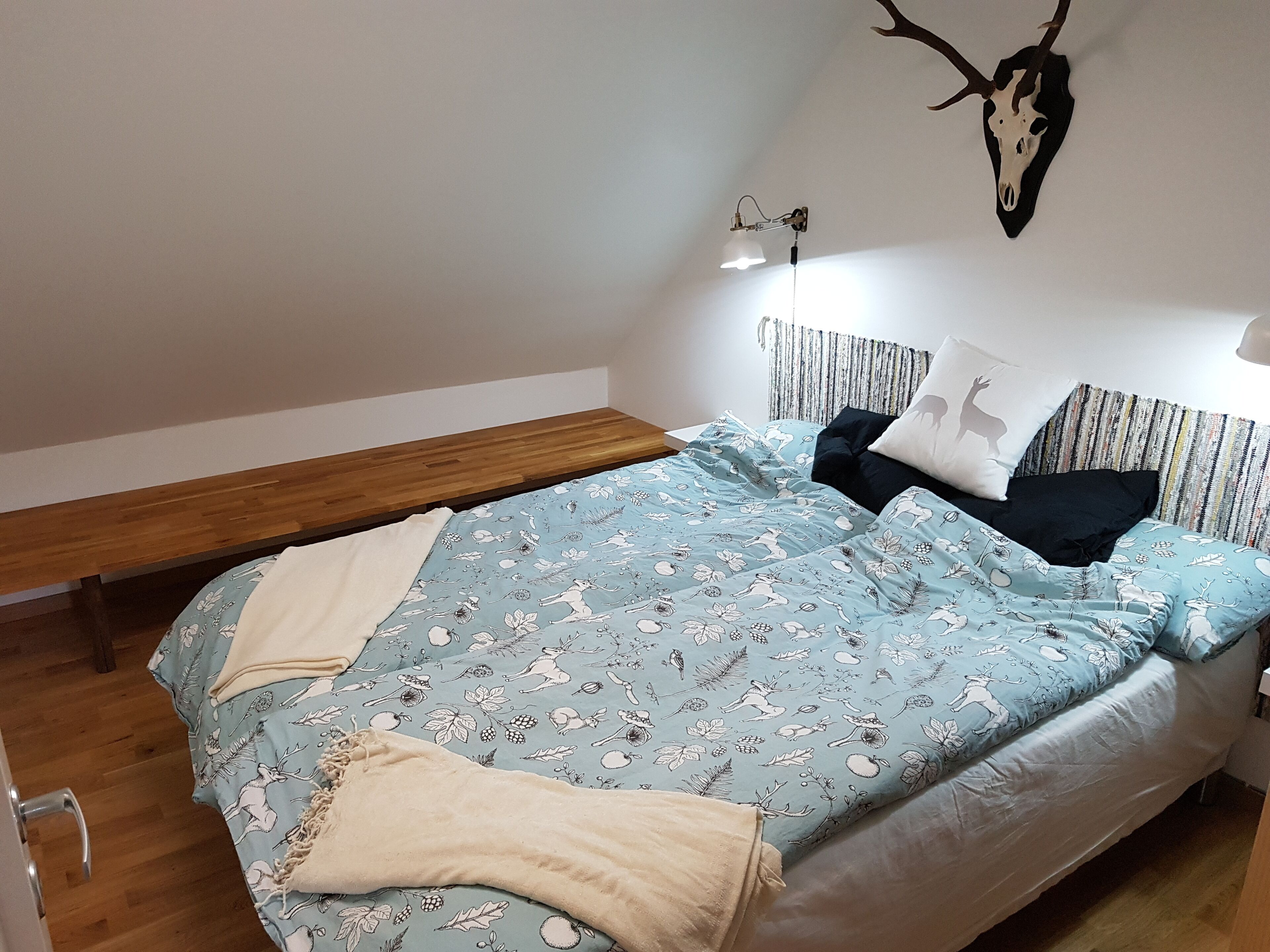 A bedroom with a bed, a wooden bench, a wall-mounted deer skull, and a patterned bedspread.