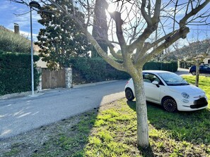 A white car parked on a residential street with a tree in the foreground.