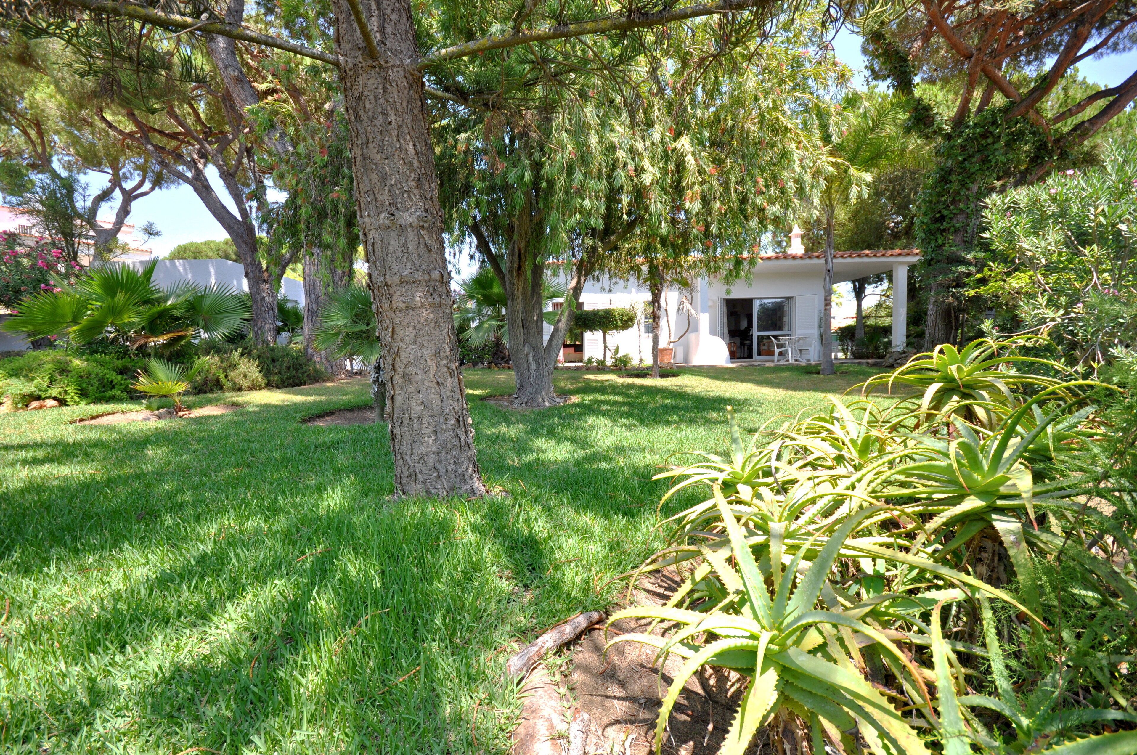 A well-maintained garden with a variety of trees and plants, a white building with a covered patio, and a clear sky.