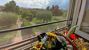 Ein Fenster mit einem Metallgitter, Blick auf einen angelegten Garten sowie ein dekoratives Arrangement aus künstlichen Blumen und Pflanzen.