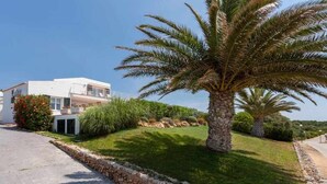 Una moderna casa con un muro di sostegno in pietra, una palma e cielo sereno.