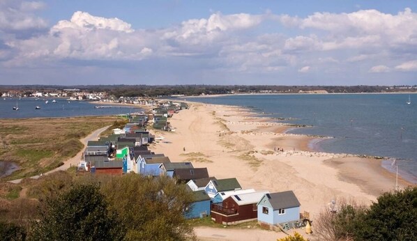 A coastal village with houses along the beach, a clear sky, and boats in the water.