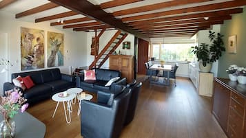Smart TV, fireplace, books, music library