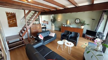 Smart TV, fireplace, books, music library