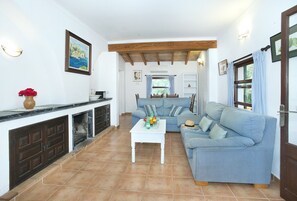 Télévision, cheminée, lecteur de DVD, table de tennis de table