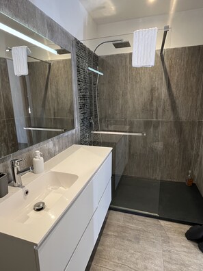 Douche, séchoir à cheveux, serviettes fournies, savon