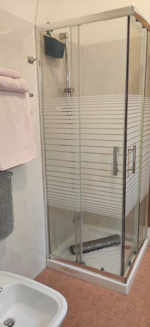 Een douche, een haardroger, een bidet, handdoeken