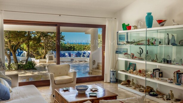 Un vaste espace de vie avec vue sur la mer, une vitrine contenant des objets décoratifs et un coin salon confortable.