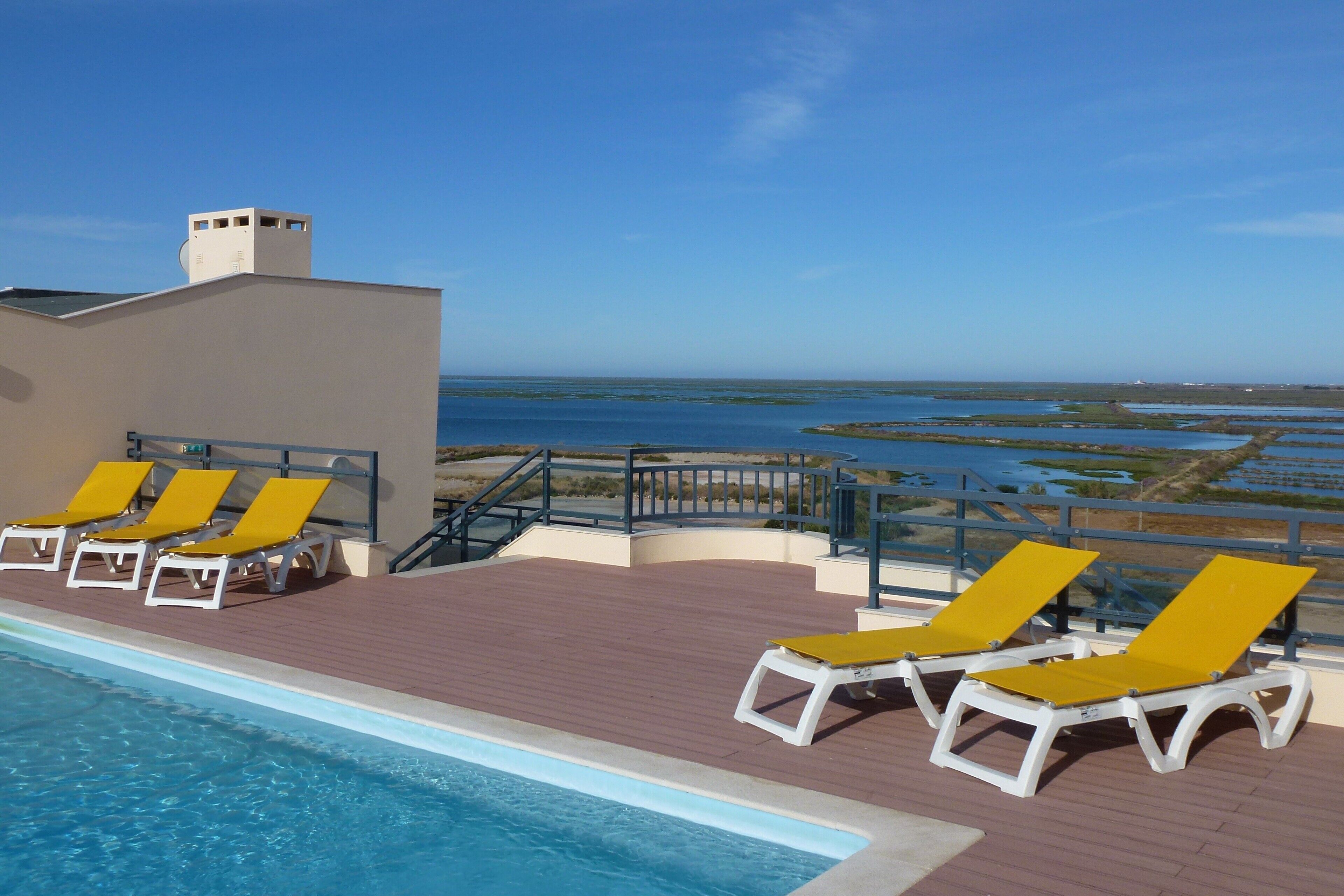 View of the saltpans from the rooftop pool