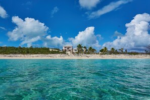 On the beach, sun-loungers, beach towels