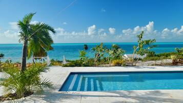 A swimming pool with a view of the ocean and palm trees.