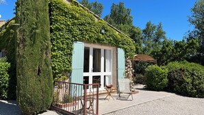 A small, ivy-covered house with a white door and blue shutters, surrounded by a gravel driveway and a metal fence.