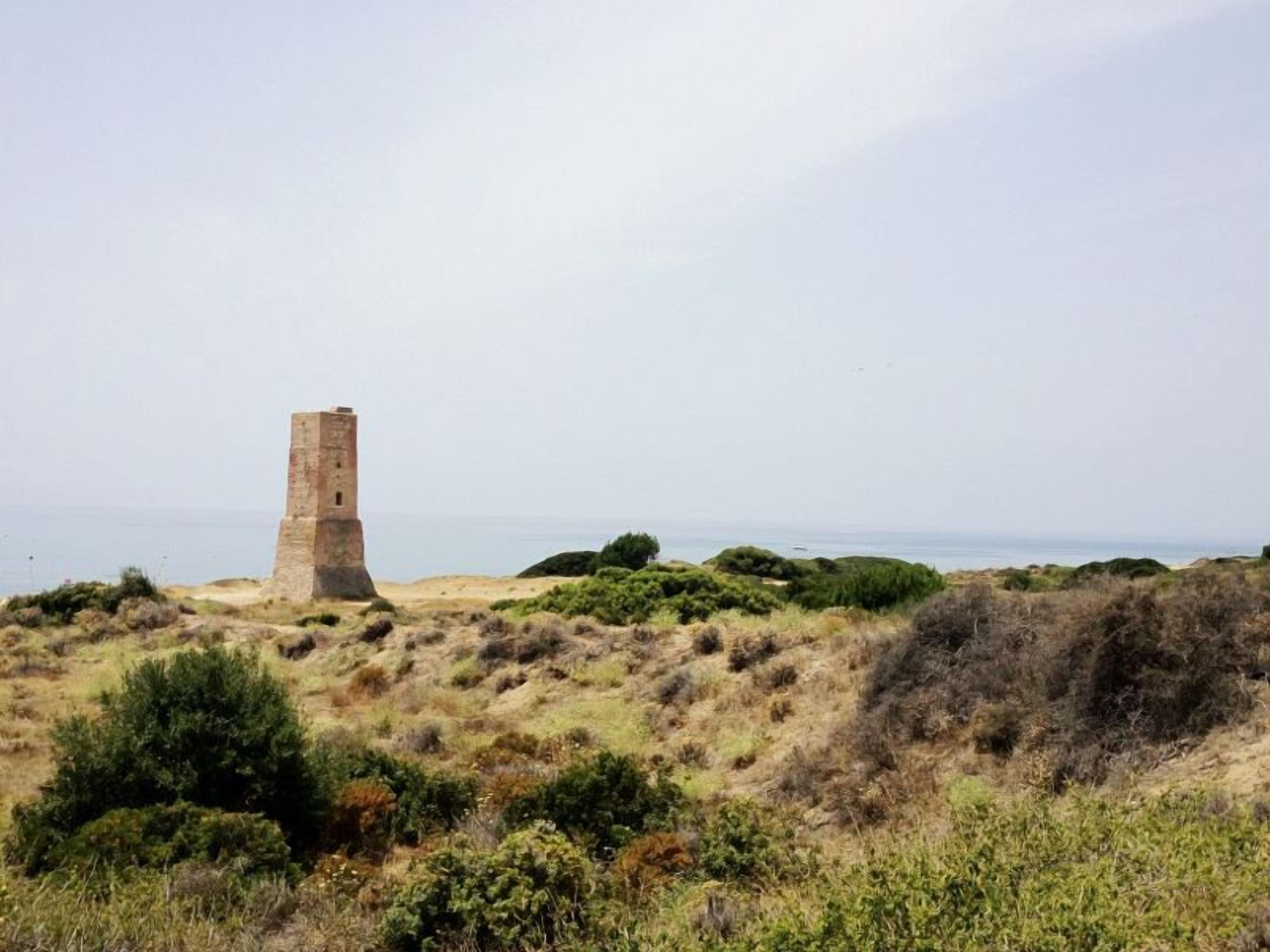 A coastal landscape with a solitary tower structure amidst dry grass and shrubs.