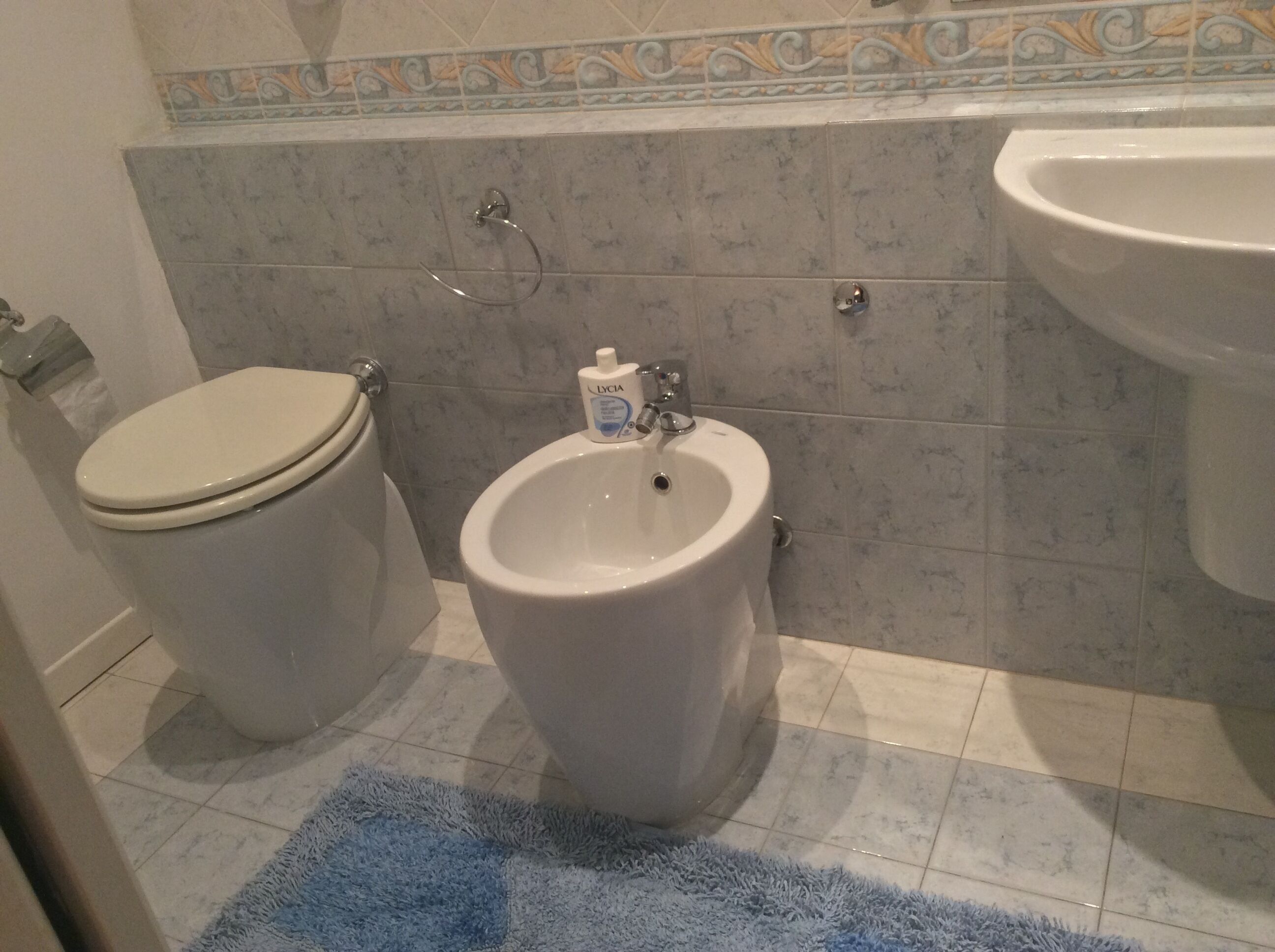 Een badkamer met toilet, bidet en wastafel.