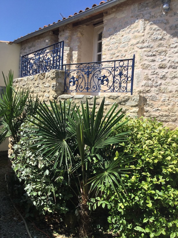 A stone building with a metal gate and lush green plants in front.