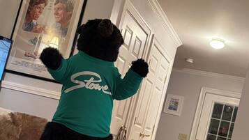 A person in a green shirt with 'Stone' on the back, standing in a room with a framed picture on the wall, a door, and a brown couch.