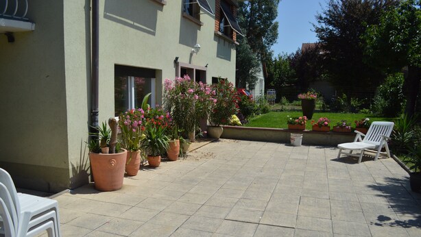 A patio area with potted plants, a white chair, and a building with a window and door.