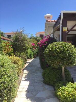 A stone pathway flanked by lush greenery and vibrant flowers, leading to a building with a tiled roof and a sign indicating 24-hour operation. -  Villa Lamda A Beautiful Modern Bungalow in Tranquil Peaceful Pissouri Village. (Pissouri)