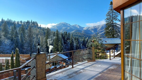 A snow-covered balcony with a view of a mountain range and a building with a blue roof. - Large mountain holiday villa with magnificent views, Brasov (Brasov)