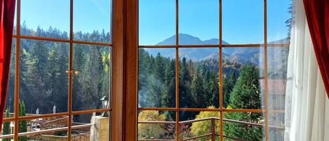 A room with a large window offering a view of a forest and mountains.