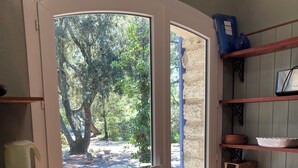 A room with a door leading to a garden, wooden flooring, a small table, a chair, and a shelf with kitchen items.