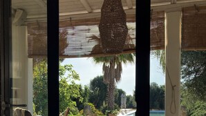 A covered outdoor area with a hanging light fixture, a pool, and potted plants.