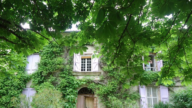 Un bâtiment historique doté d’une entrée centrale en arc de cercle, entouré d’une végétation luxuriante et de plantes en pot.