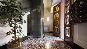 A hallway with a tiled floor, a potted plant, a metal gate, and a wooden door with glass panels.