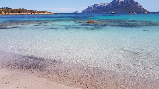 A beach with clear turquoise water, a rocky outcrop, and boats in the distance. - Villa with parking and veranda, 900 m from the beach - San Teodoro (San Teodoro)