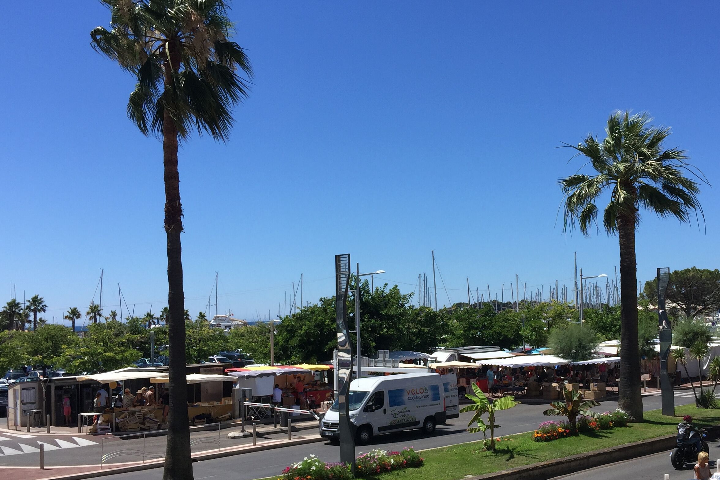 A street with palm trees, a white van, and market stalls.