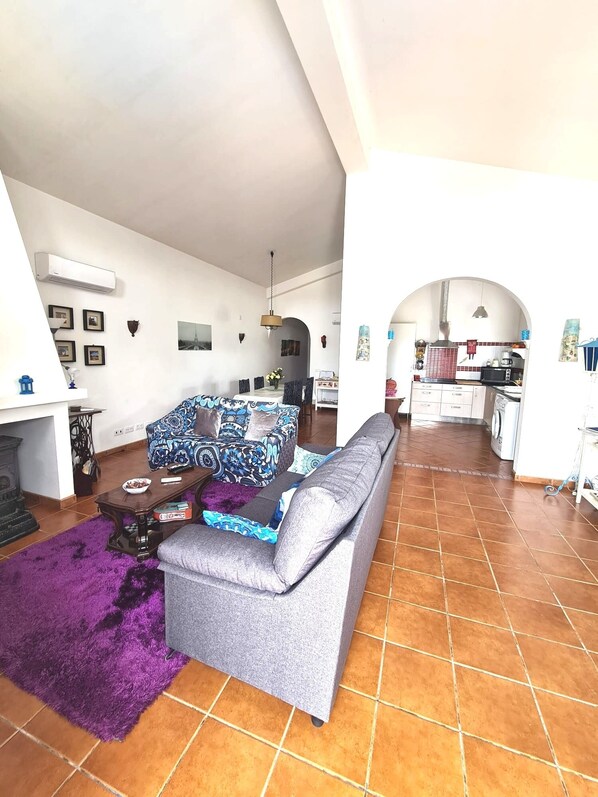 Smart TV, fireplace, books, stereo