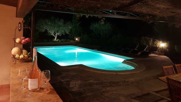 Un espace extérieur avec une piscine, une terrasse en pierre, des chaises longues et une table sur laquelle se trouvent une bouteille de vin et des verres.