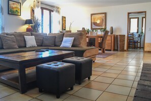 TV connectée, cheminée, livres, chaîne hi-fi