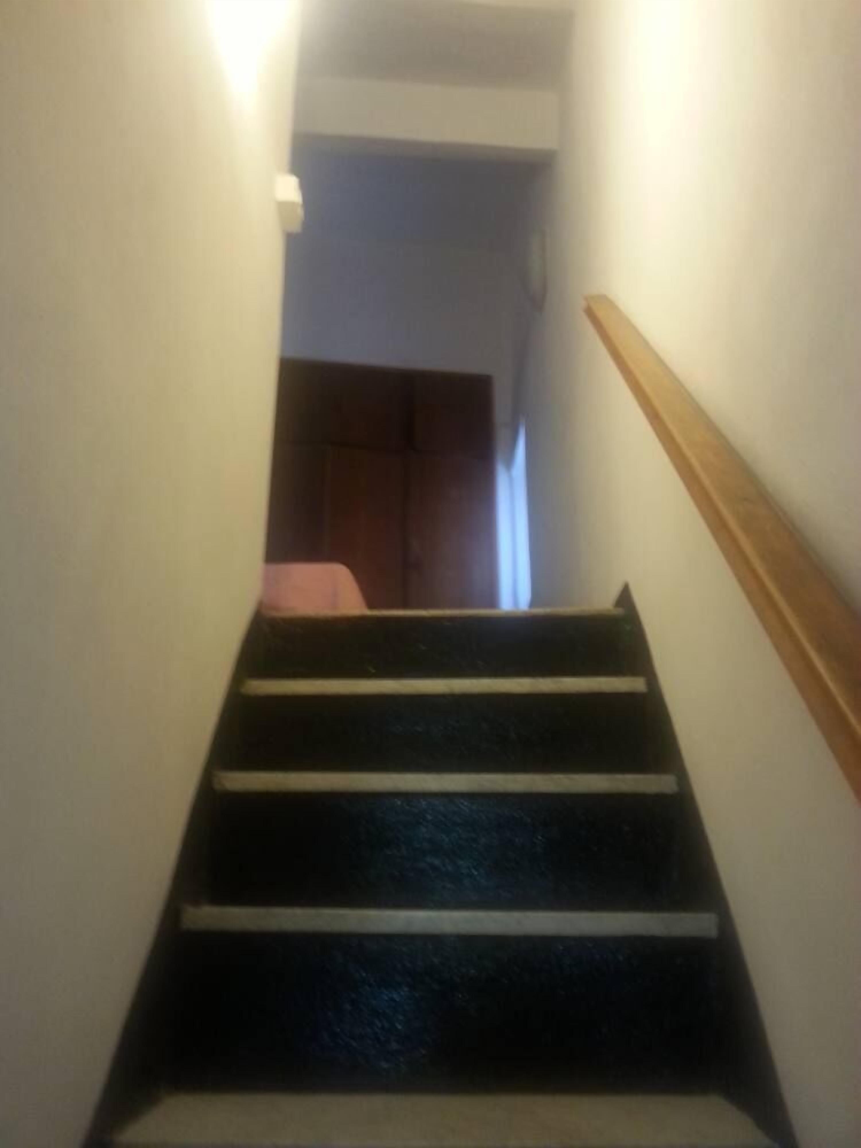 Un escalier avec des rampes en bois et un plancher recouvert d’une moquette sombre.