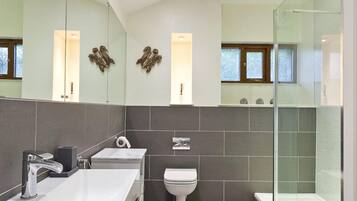 Bathtub, hair dryer, towels, toilet paper
