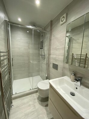 Combined shower/tub, hair dryer, towels
