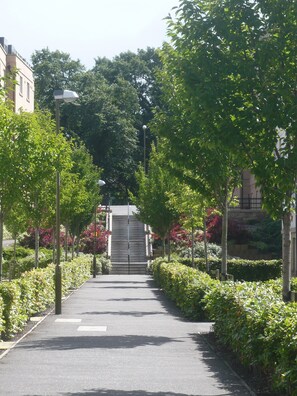 Ein Weg führt zu einem Gebäude mit einer Treppe, umgeben von Bäumen und Grünpflanzen.