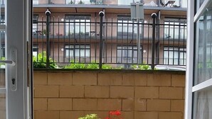 Vistall d'un balcó amb taula, cadires, plantes en testos i una paret de rajol.