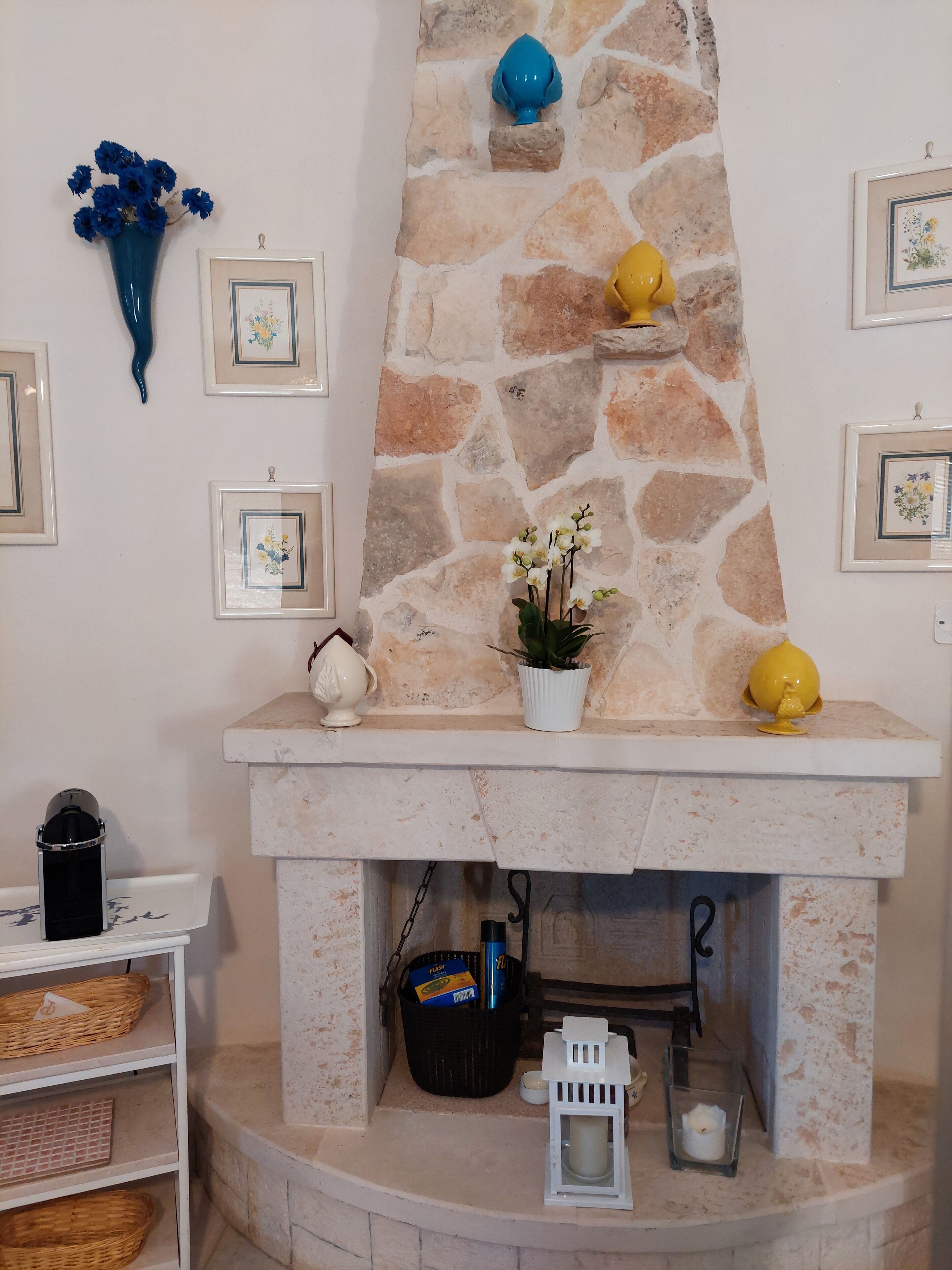Une cheminée en pierre avec un manteau de cheminée blanc, entourée d’œuvres d’art florales encadrées, d’une plante en pot et d’objets décoratifs.