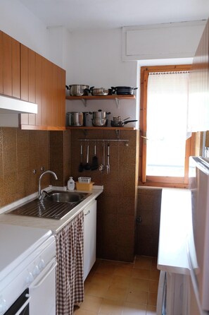 Fridge, oven, stovetop, coffee/tea maker