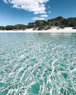 A beach with clear turquoise water and a sandy shore.