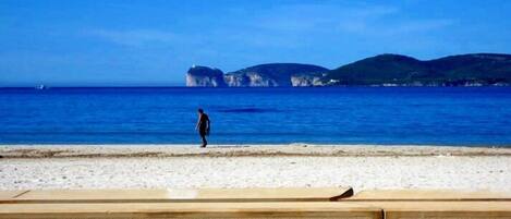 Una playa con una persona caminando, cielo despejado y acantilados a lo lejos.