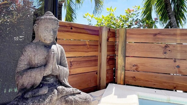 A stone Buddha statue, a wooden fence, and a pool. - House / Villa - Sainte luce (sainte luce)